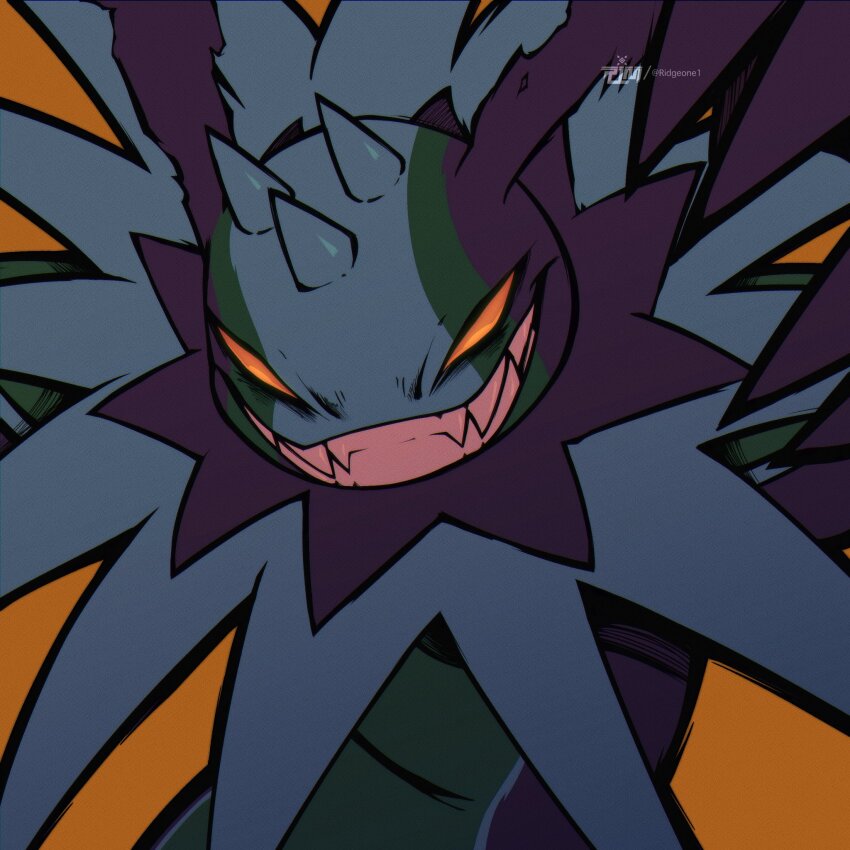 body_fur brown_background cherubimon cherubimon_(vice) digimon digimon_(creature) highres horns parted_lips ridgeone sharp_teeth simple_background solo teeth upper_body