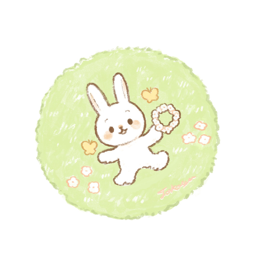 animal_focus black_eyes blush_stickers bug butterfly chibi closed_mouth commentary_request flower flower_wreath from_above full_body grass insect looking_at_viewer lying no_humans on_back on_grass original rabbit simple_background smile solid_eyes tokoyu white_background white_flower white_rabbit_(animal)