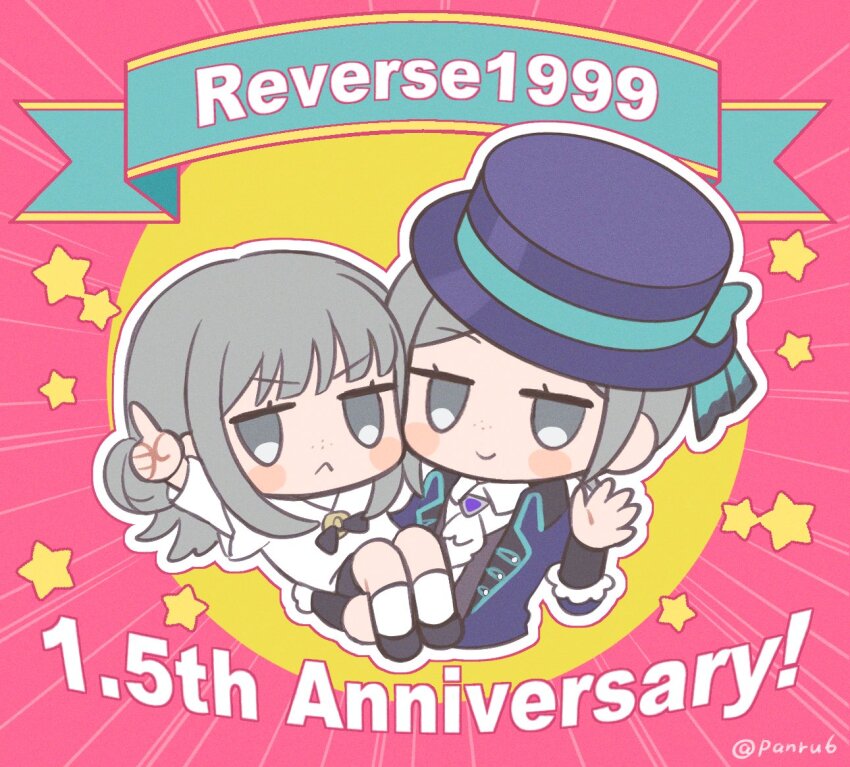 2girls :&lt; aged_down anniversary ascot banner blue_bow boater_hat bow carrying carrying_person chibi child_carry circle coat copyright_name cropped_torso dress emphasis_lines freckles grey_hair hair_bun hand_up hat hat_bow index_finger_raised looking_at_viewer medium_hair multiple_girls panri pink_background purple_coat purple_hat reverse:1999 shirt single_side_bun smile socks star_(symbol) time_paradox twitter_username upper_body vertin_(reverse:1999) white_ascot white_dress white_shirt white_socks