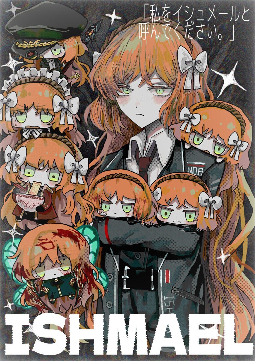 6+girls belt black_belt black_coat black_pants black_vest blood blood_in_hair bow bowl brown_hairband closed_mouth coat collared_shirt e.g.o_(project_moon) eating fairy_wings food green_eyes hair_bow hairband highres holding holding_bowl ishmael_(project_moon) lapels limbus_company liu_association_(identity)_(project_moon) long_hair long_sleeves maid maid_headdress mini_person minigirl multiple_girls multiple_persona necktie noodles notched_lapels oneutikakaku open_mouth pants pequod_(identity)_(project_moon) project_moon red_necktie rope shi_association_(identity)_(project_moon) shirt sidelocks smile very_long_hair vest white_bow white_shirt wingbeat_(e.g.o) wings wuthering_heights_(identity)_(project_moon) yellow_eyes