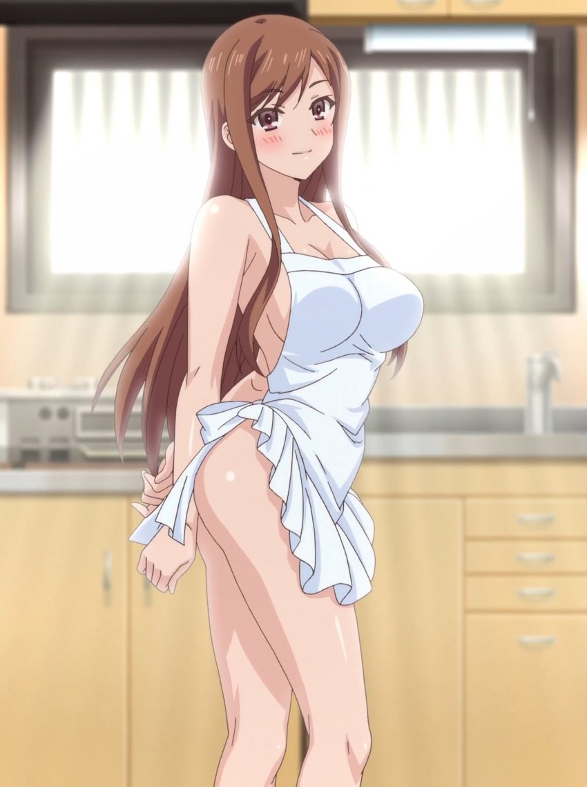 1girl anime_screenshot apron arms_behind_back ass ayane_shirakawa bare_shoulders blush breasts brown_eyes brown_hair collarbone day highres kitchen large_breasts legs long_hair looking_at_viewer naked_apron no_bra no_panties overflow_(anime) sideboob solo standing stitched thighs third-party_edit white_apron