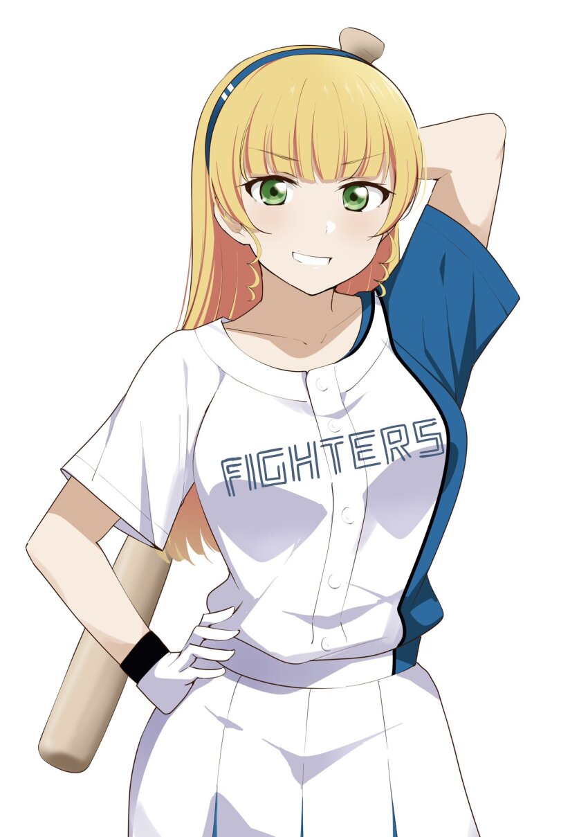 1girl arm_behind_back asymmetrical_shirt barkhorn0331 baseball_bat baseball_uniform blonde_hair blunt_bangs collarbone cowboy_shot gloves green_eyes grin hairband hand_on_own_hip heanna_sumire highres hokkaido_nippon-ham_fighters holding holding_baseball_bat long_hair looking_at_viewer love_live! love_live!_superstar!! multicolored_hairband nippon_professional_baseball pleated_skirt short_sleeves simple_background skirt smile solo sportswear standing teeth two-tone_shirt white_background white_gloves white_skirt