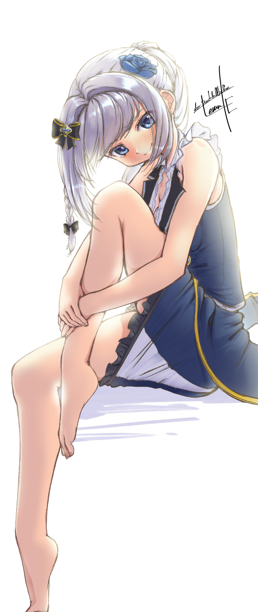 1girl absurdres barefoot blue_eyes durchfallkaffee_levante full_body highres long_hair looking_at_viewer magia_record:_mahou_shoujo_madoka_magica_gaiden magical_girl mahou_shoujo_madoka_magica simple_background sitting solo white_background white_hair yakumo_mitama