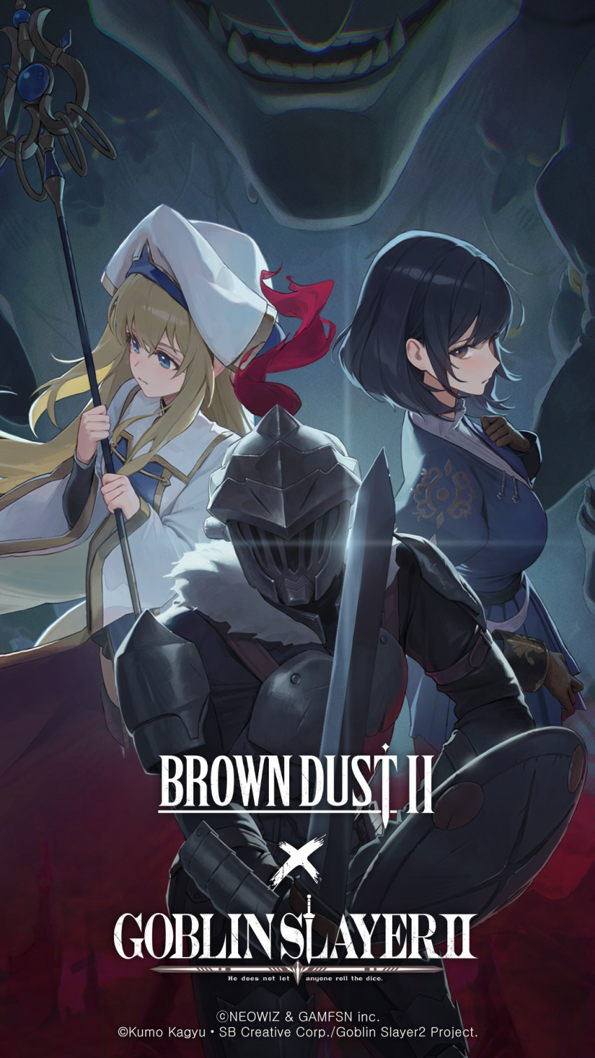 1boy 2girls armor black_hair blonde_hair blue_dress breastplate breasts brown_dust_(series) brown_dust_2 brown_eyes capelet closed_mouth copyright_name dress flat_chest from_side goblin goblin_slayer goblin_slayer! hair_between_eyes hand_on_own_chest hat helmet highres holding holding_staff holding_sword holding_weapon juliet_sleeves large_breasts long_hair long_sleeves looking_ahead looking_at_viewer medium_hair multiple_girls official_art pauldrons priestess_(goblin_slayer!) puffy_sleeves robe scheherazade_(brown_dust) scheherazade_(the_lapis_witch)_(brown_dust) second-party_source serious shoulder_armor staff sweater sword upper_body very_long_hair weapon white_capelet white_hat white_robe white_sweater