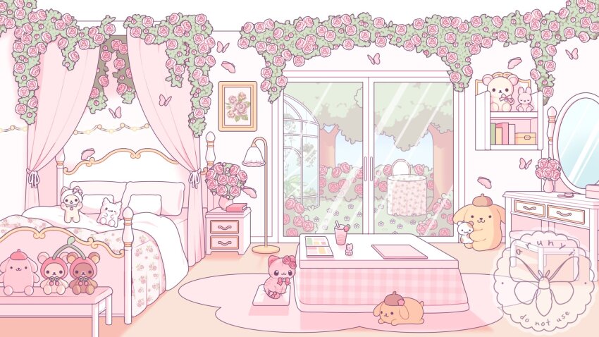 absurdly_detailed_composition arunyi bed bug butterfly cherry commentary commission cup curtains english_commentary flower food fruit hanamaruobake hello_kitty highres honeycute_(sanrio) indoors insect korilakkuma loaded_interior mirror muffin_(sanrio) no_humans original pillow pink_flower pink_rose pink_theme pompompurin rilakkuma rose san-x sanrio scenery sliding_doors stuffed_animal stuffed_cat stuffed_dog stuffed_hamster stuffed_rabbit stuffed_toy table teddy_bear vanity_table vase vgen_commission