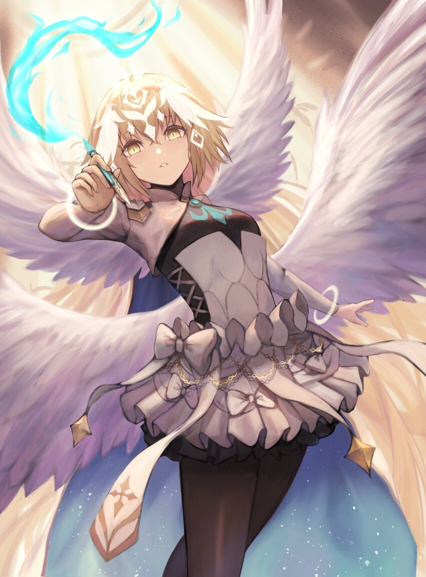 1girl absurdres angel_wings black_pantyhose blonde_hair commentary dress english_commentary fate/grand_order fate_(series) feathered_wings highres holding jeanne_d&#039;arc_(fate) long_hair long_sleeves looking_at_viewer metatron_jeanne_(fate) metatron_jeanne_(third_ascension)_(fate) multiple_wings pantyhose solo sushisnek very_long_hair white_dress white_wings wings yellow_eyes