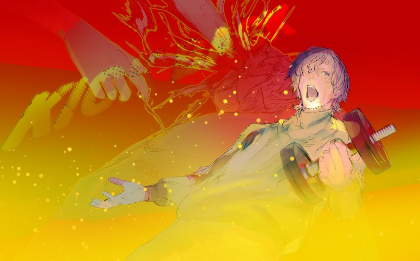1boy absurdres ammenite chainsaw chainsaw_man disembodied_hand dumbbell hair_over_one_eye highres kick_back_(song) limited_palette open_mouth red_background short_hair solo_focus track_suit transformation yonezu_kenshi_(person)