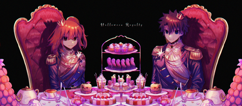 1boy 1girl aiguillette apple belt belt_buckle black_background black_belt black_eyes black_hair blue_eyes blue_jacket bow bowtie brooch buckle cake candy candy_jar cernunnos_(fate) chair crossed_bangs crown cup cupcake empty_eyes epaulettes fate/grand_order fate_(series) flower food food_art foodification fork fou_(fate) frilled_shirt_collar frills fruit fujimaru_ritsuka_(female) fujimaru_ritsuka_(female)_(halloween_royalty) fujimaru_ritsuka_(male) fujimaru_ritsuka_(male)_(halloween_royalty) gold_trim hair_between_eyes hair_ornament hair_scrunchie halloween highres jacket jar jewelry knife konpeitou lapels long_sleeves looking_at_viewer macaron medium_hair mini_crown mousse_(food) multicolored_eyes nekohai_darake official_alternate_costume one_side_up orange_eyes orange_hair pink_flower pink_rose placemat planted planted_fork planted_knife planted_weapon rose scrunchie shadow shirt short_hair simple_background sitting smile strawberry symmetry table tablecloth tea teacup teapot tiered_tray upper_body weapon whipped_cream white_bow white_bowtie white_shirt