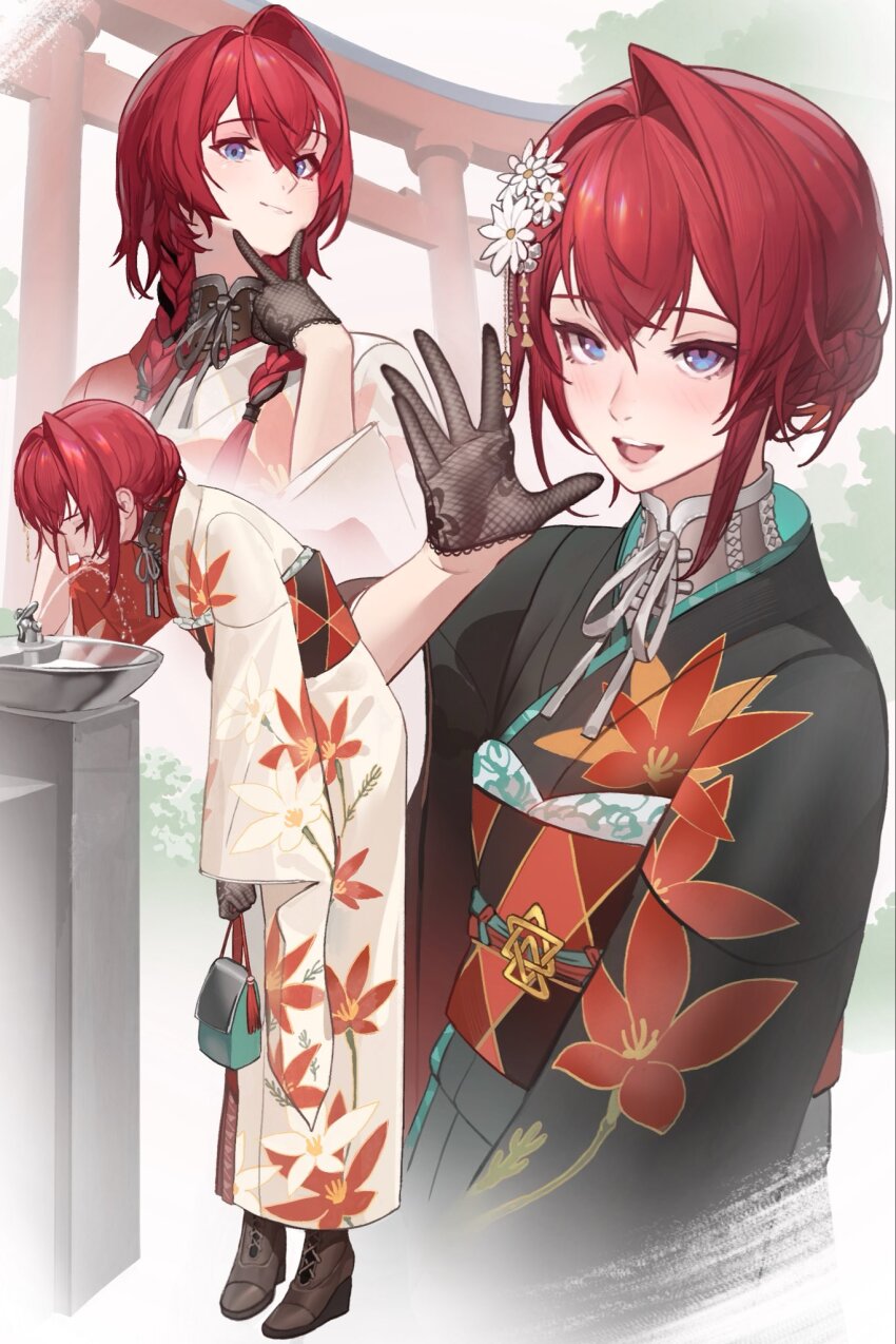 1girl ange_katrina ange_katrina_(new_year) aqua_bag bag black_hair black_kimono black_sash blue_eyes blush boots braid braided_bun brown_footwear closed_mouth commentary_request drinking_fountain eyelashes finger_to_own_chin floral_print floral_print_kimono flower furisode gloves gradient_eyes hair_between_eyes hair_bun hair_flower hair_ornament half_gloves handbag high_heel_boots high_heels highres holding holding_bag inward_v japanese_clothes kamitoge_supino kimono lace lace-up_boots lace_gloves leaning_forward long_bangs long_hair long_sleeves looking_at_viewer low_twin_braids multicolored_eyes multicolored_hair multicolored_sash multiple_views nijisanji obi obiage obijime open_mouth print_kimono purple_eyes red_hair red_kimono red_sash sash single_hair_intake single_sidelock smile teeth torii twin_braids two-tone_hair two-tone_kimono upper_teeth_only v virtual_youtuber waving wedge_heels white_flower white_kimono