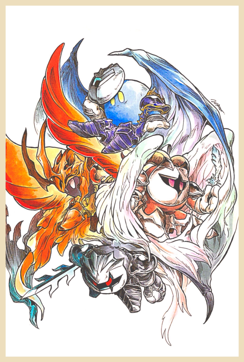 absurdres armor bat_wings butterfly_wings dark_meta_knight feathers galacta_knight gloves highres holding holding_feather holding_sword holding_weapon horns insect_wings kirby_(series) looking_at_viewer mask meta_knight morpho_knight nintendo no_humans norajiyuuchou pauldrons purple_footwear red_eyes scar shoulder_armor sword traditional_media unworn_mask weapon white_gloves wings yellow_eyes