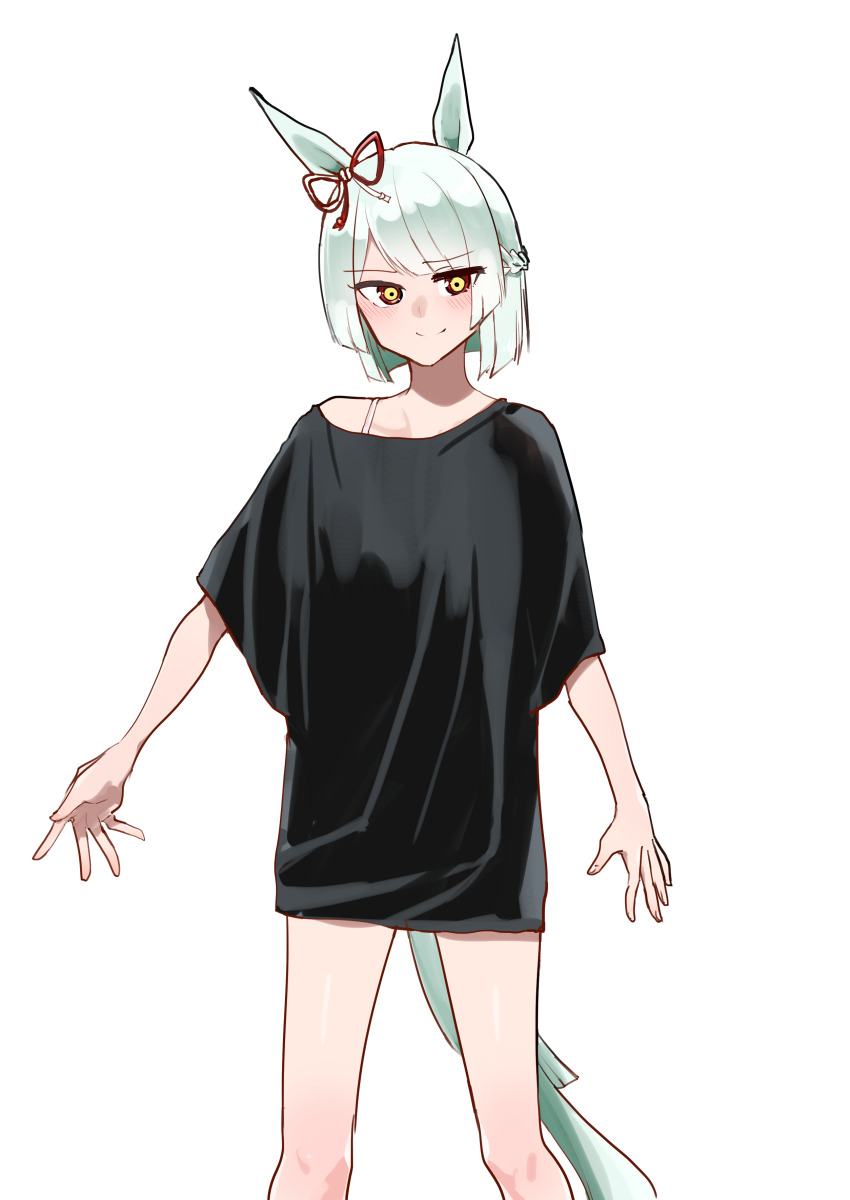 1girl absurdres animal_ears black_shirt blush bow bra_strap braid closed_mouth ear_bow fujimasa_march_(umamusume) half_up_braid highres horse_ears horse_girl horse_tail kakuteru_sudachi long_hair long_sleeves looking_at_viewer off_shoulder oversized_clothes oversized_shirt red_bow shirt short_hair simple_background single_off_shoulder smile solo tail umamusume white_background white_hair yellow_eyes