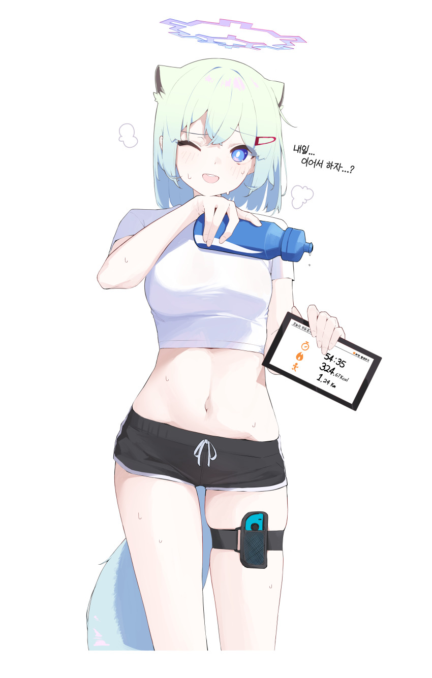 1girl absurdres alternate_costume animal_ears aqua_hair black_shorts blue_archive blue_eyes blue_halo blush bright_pupils commentary cropped_shirt dolphin_shorts hair_ornament hairclip halo highres holding holding_tablet_pc holding_tumbler joy-con korean_text looking_at_viewer midriff mona_kkkk navel open_mouth shigure_(blue_archive) shirt short_hair short_shorts short_sleeves shorts simple_background skindentation smile solo sportswear sweat tablet_pc tail teeth thigh_strap translation_request tumbler upper_teeth_only weasel_ears weasel_girl weasel_tail white_background white_pupils white_shirt