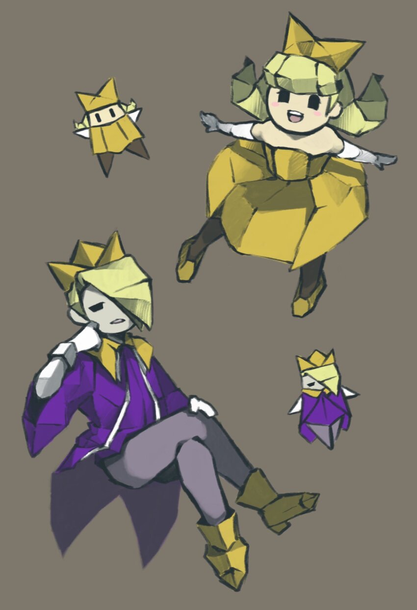 1boy 1girl bare_shoulders black_eyes black_pantyhose blonde_hair blush_stickers boots brother_and_sister brown_background capelet coat coattails colored_skin creature_and_personification crossed_legs crown dress elbow_gloves expressionless eyelashes gloves grey_pants grey_skin hair_over_one_eye hand_on_own_cheek hand_on_own_face hand_on_own_knee happy hat highres king_olly layered_sleeves long_hair long_sleeves mario_(series) medium_dress nintendo olivia_(paper_mario) open_clothes open_coat open_mouth origami pants pantyhose paper_mario paper_mario:_the_origami_king parted_lips personification purple_coat purple_vest shirt shoes short_hair siblings simple_background sitting sleeve_cuffs smile solid_oval_eyes standing strapless strapless_dress suzurann_dayo teeth upper_teeth_only vest white_gloves white_shirt wide_sleeves yellow_boots yellow_capelet yellow_crown yellow_dress yellow_hat yellow_shoes