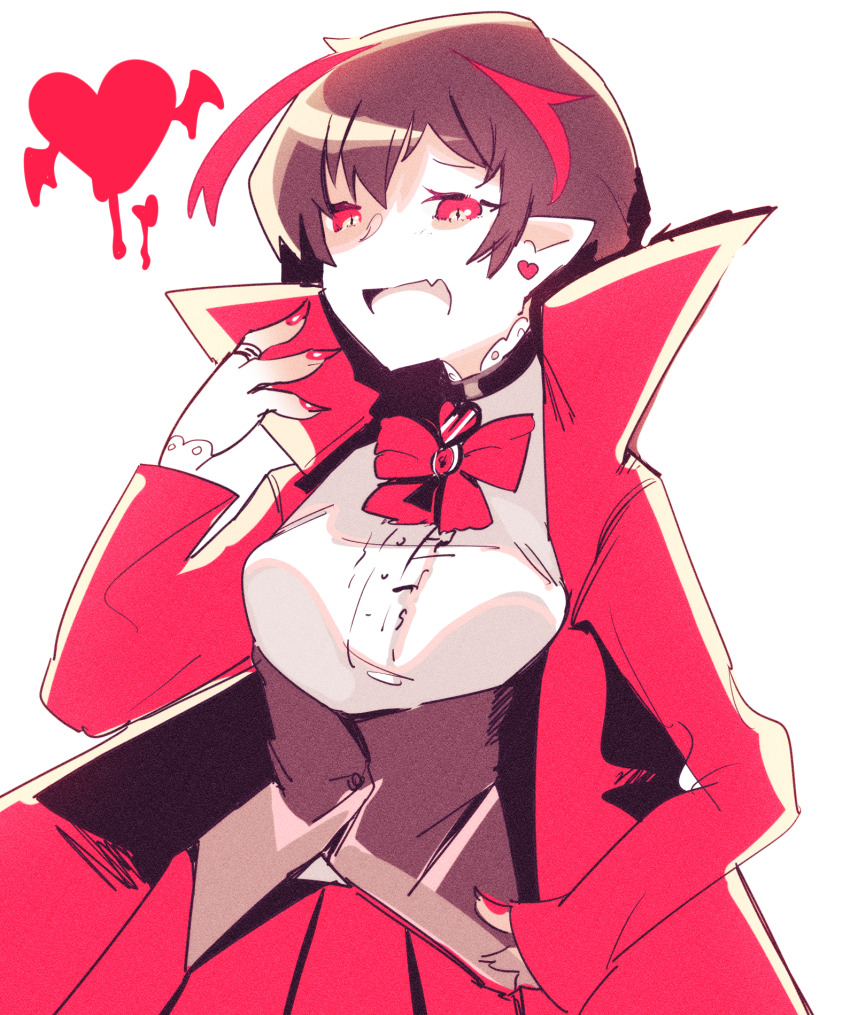 1girl bow bowtie breasts brown_corset brown_hair center_frills coat corset fang fingernails frills genderswap genderswap_(mtf) hand_up highres library_of_ruina madotsuki_ren medium_breasts multicolored_hair nosferatu_(project_moon) open_mouth project_moon red_bow red_bowtie red_coat red_eyes red_hair red_nails red_skirt sharp_fingernails shirt short_hair simple_background skin_fang skirt smile solo streaked_hair vampire white_shirt