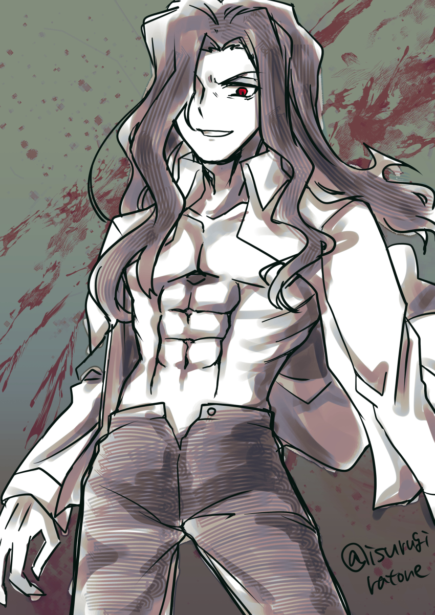 1boy abs absurdres bare_pectorals black_pants blood blood_splatter collared_shirt evil_grin evil_smile floating_clothes grin hair_over_one_eye highres isurugiratone long_hair looking_at_viewer male_focus melty_blood michael_roa_valdamjong muscular muscular_male open_clothes open_fly open_shirt pants pectorals red_eyes shirt sketch smile tsukihime white_shirt