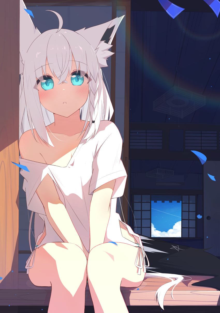 1girl absurdres ahoge animal_ear_fluff animal_ears aqua_eyes blue_sky cowboy_shot crossed_bangs fox_ears fox_girl fox_tail hair_between_eyes hashtag-only_commentary highres hololive house kasawara leaning_on_object long_hair looking_at_viewer no_pants off_shoulder shirakami_fubuki shirt short_sleeves sitting sky solo tail very_long_hair virtual_youtuber white_hair white_shirt wooden_deck
