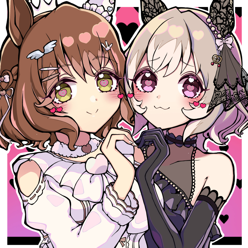 2girls 510n :3 absurdres animal_ears aston_machan_(everlasting_candy)_(umamusume) aston_machan_(umamusume) black_dress black_gloves brown_hair commentary crown curren_chan_(sakutsuki_ma_cherie)_(umamusume) curren_chan_(umamusume) detached_sleeves dress ear_covers elbow_gloves gloves green_eyes hair_ornament heart heart-shaped_pupils heart_hands heart_hands_duo highres horse_ears horse_girl looking_at_viewer mini_crown multiple_girls official_alternate_costume puffy_detached_sleeves puffy_sleeves single_ear_cover smile symbol-shaped_pupils umamusume wing_hair_ornament