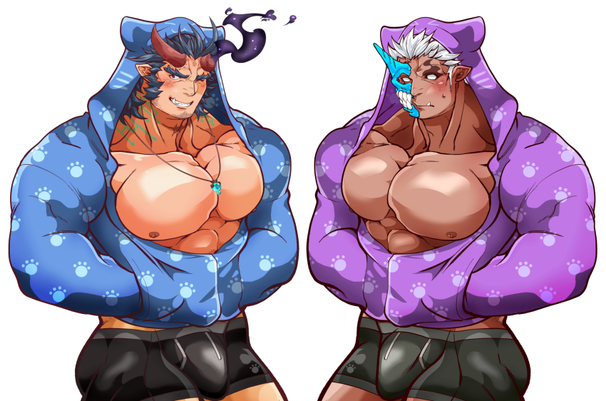 2boys abs alternate_costume bara bare_pectorals black_male_underwear blue_hair blue_hoodie blue_jacket blush boxers broken_horn bulge bursting_pectorals dark-skinned_male dark_blue_hair dark_skin demon_horns facial_hair fang fiery_horns half_mask highres hood hood_up hoodie horned_mask horns jacket jewelry kizami_nori_to_yamaimo large_pectorals long_sideburns looking_at_viewer male_focus male_underwear mask mature_male monster_boy multiple_boys muscular muscular_male necklace nipples no_pupils oni_mask open_clothes open_jacket partially_unbuttoned pectorals purple_hoodie purple_jacket short_hair shuten_douji_(housamo) sideburns single_horn stubble takemaru_(housamo) thick_eyebrows tokyo_houkago_summoners underwear white_hair