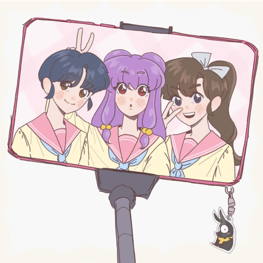 3girls bandana blue_hair blush_stickers bow brown_hair highres hybhu22454 kuonji_ukyou multiple_girls p-chan pig pink_sailor_collar purple_hair ranma_1/2 red_eyes sailor_collar selfie_stick shampoo_(ranma_1/2) smile tendou_akane v white_bow yellow_bandana