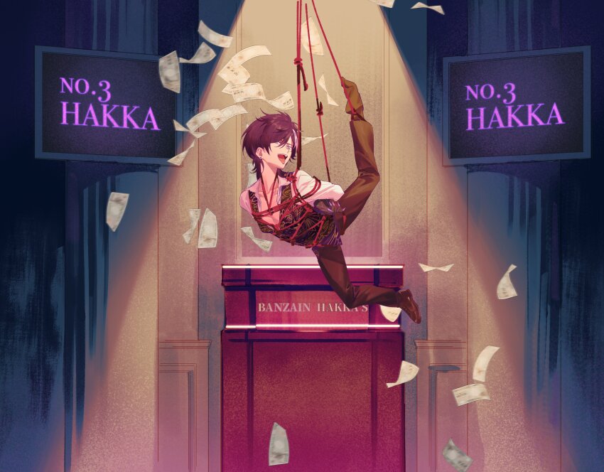 1boy a_horny_money_world_(houshou_marine) absurdres arms_behind_back auction banknote banzoin_hakka bdsm bondage bound bound_arms falling_money highres holostars holostars_english leg_up lynnear male_focus medium_hair money open_mouth partially_unbuttoned purple_hair red_rope rope shibari solo spotlight suspension tongue tongue_out unbuttoned unbuttoned_shirt vest virtual_youtuber waistcoat