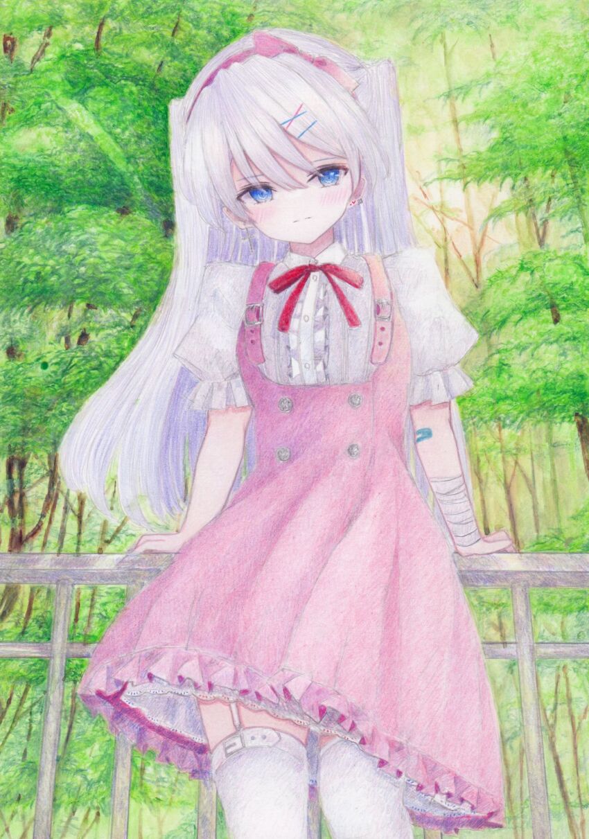 1girl bandages bandaid blue_eyes blush bobby_pin closed_mouth colored_pencil_(medium) cross cross_earrings darkkanan dress earrings eyes_visible_through_hair forest frilled_shirt frilled_skirt frills garter_straps hair_between_eyes hairband highres jewelry long_hair looking_at_viewer nature original outdoors painting_(medium) pink_dress pink_hairband shirt skirt solo standing suspender_skirt suspenders thighhighs traditional_media tree watercolor_(medium) white_hair