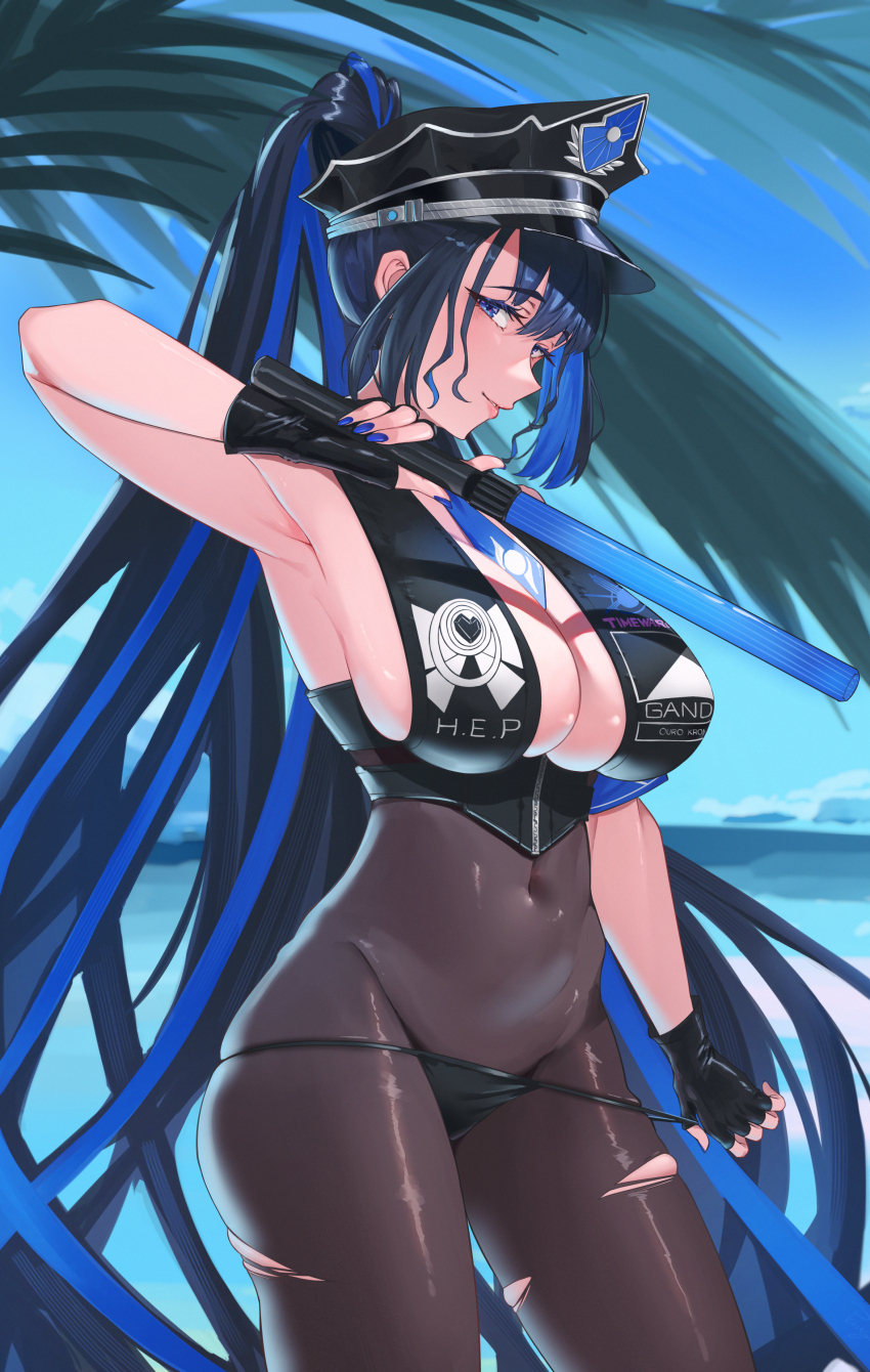 1girl absurdres armpits between_breasts bikini bikini_bottom_pull black_bikini black_bodystocking black_gloves black_hair blue_eyes blue_hair blue_nails blue_necktie blue_sky bodystocking breasts closed_mouth colored_inner_hair commentary cosplay covered_navel creator_connection curvy day eipanguino fate/grand_order fate_(series) fingerless_gloves gloves hat high_ponytail highres holding_baton hololive hololive_english large_breasts multicolored_hair necktie necktie_between_breasts ouro_kronii peaked_cap ponytail see-through_bodystocking sessyoin_kiara sessyoin_kiara_(cosplay) sessyoin_kiara_(swimsuit_mooncancer)_(second_ascension) sidelocks skindentation sky solo swimsuit thick_thighs thighs torn_bodystocking torn_clothes virtual_youtuber