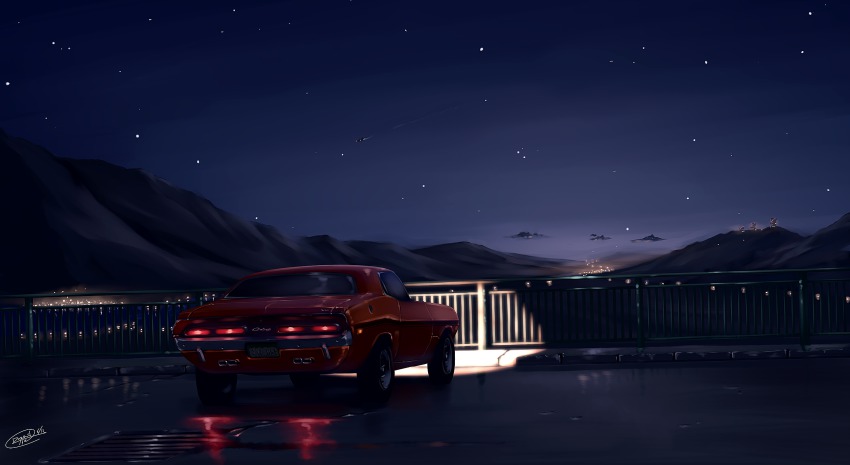 bad_id bad_pixiv_id car city_lights dark dodge_(company) dodge_challenger dodge_challenger_(1st_generation) dreadtie grate highres landscape motor_vehicle night night_sky no_humans original radio_telescope railing revision road scenery sewer_grate signature sky star_(sky) still_life