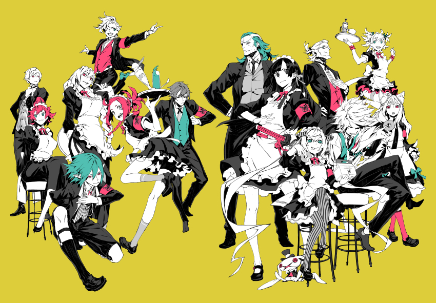 6+boys 6+girls 7th_dragon_(series) 7th_dragon_2020 7th_dragon_2020-ii absurdres alternate_costume animal_ears apron armband blush butler cat_ears chelsea_(7th_dragon) destroyer_(7th_dragon_2020) donut enmaided everyone food formal_clothes full_body glasses gloves hacker_(7th_dragon) highres holding holding_tray idol_(7th_dragon) katanako limited_palette long_hair lucier_(7th_dragon) maid maid_headdress miwa_shirow multiple_boys multiple_girls muscular muscular_male nishimura_haru_(7th_dragon) on_chair pantyhose psychic_(7th_dragon) samurai_(7th_dragon) short_hair simple_background sitting striped_clothes striped_pantyhose tail thank_you thighhighs tray trickster_(7th_dragon) vertical-striped_clothes vertical-striped_pantyhose yellow_background