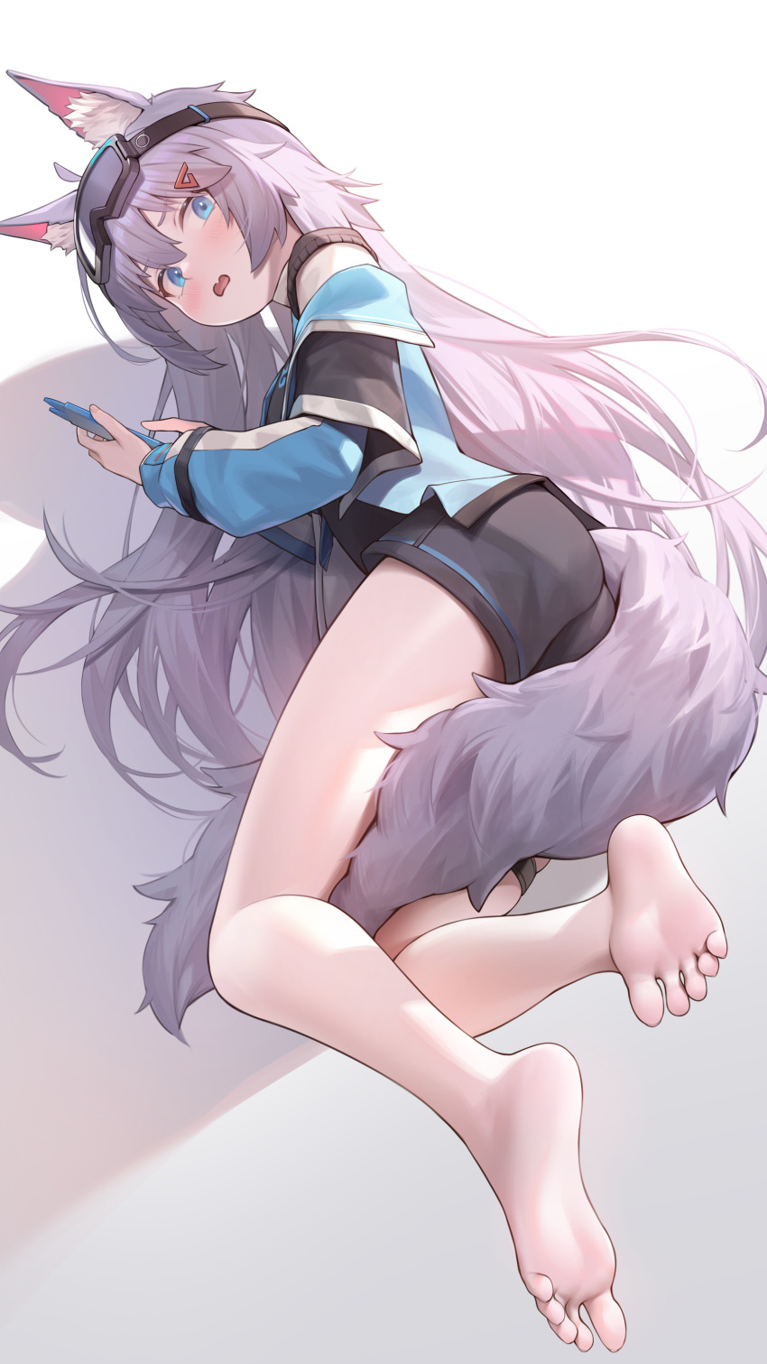1girl absurdres animal_ear_fluff animal_ears barefoot between_legs black_shorts blush commission feet goggles goggles_on_head gradient_background grey_hair hair_ornament highres long_hair lying on_side original shadow shorts soles solo tail tail_between_legs toes variant_set very_long_hair zhenli-mari