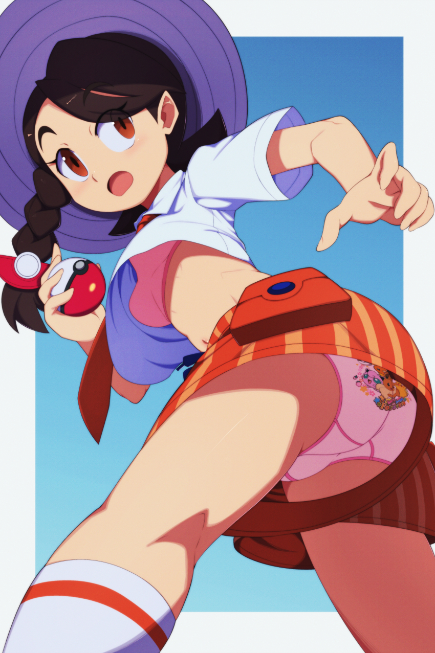 1girl ahoge ass bra braid brown_eyes brown_hair cameltoe clenched_hand day euf-dreamer eyelashes female_focus fighting_stance flat_chest from_behind from_below hat highres holding holding_poke_ball juliana_(pokemon) kneepits legs long_hair looking_back matching_hair/eyes matching_underwear midriff naranja_academy_school_uniform navel necktie nintendo open_mouth outdoors outstretched_arm panties pink_bra pink_panties poke_ball pokemon pokemon_sv print_panties school_uniform shoes short_sleeves shorts side_braid sky sneakers socks standing stomach sun_hat surprised swept_bangs thighs training_bra underwear upshirt upshorts white_socks