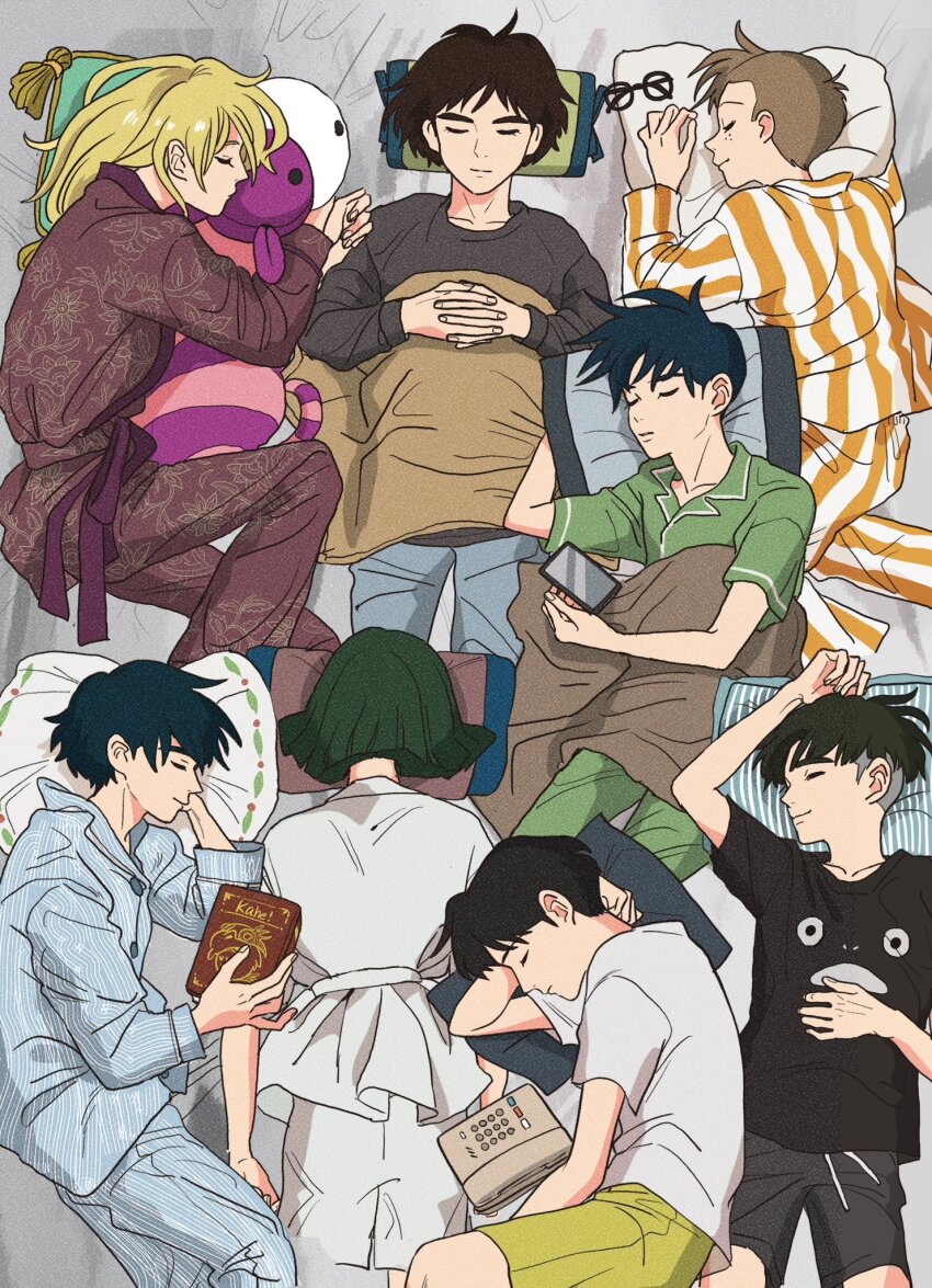 6+boys asbel_(nausicaa) ashitaka black_hair black_shorts blonde_hair book bowl_cut brown_hair cellphone character_request commentary_request company_connection copyright_request crossover fetal_position gake_no_ue_no_ponyo green_eyes green_pajamas haku_(sen_to_chihiro_no_kamikakushi) highres howl_pendragon howl_no_ugoku_shiro japanese_clothes kaze_no_tani_no_nausicaa kimitachi_wa_dou_ikiru_ka lying majo_no_tabitabi maki_mahito mononoke_hime multiple_boys multiple_crossover on_back on_side on_stomach pajamas phone pillow rikaco1988 sen_to_chihiro_no_kamikakushi shirt shorts sleeping smartphone smile sousuke_(ponyo) striped_clothes studio_ghibli t-shirt tombo_(majo_no_takkyuubin) totoro undercut yellow_shorts