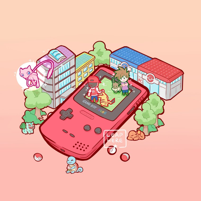 2boys baseball_cap black_hair blue_oak brown_hair building bulbasaur bush charmander commentary creature deviantart_username eevee english_commentary eye_contact fiery_tail fire flame-tipped_tail game_boy game_boy_color gen_1_pokemon gradient_background handheld_game_console hat highres leaphere legendary_pokemon looking_at_another mew_(pokemon) multiple_boys mythical_pokemon nintendo orange_background pants pikachu pink_background poke_ball poke_ball_(basic) pokemon pokemon_(creature) pokemon_center pokemon_mart pokemon_rgby red_(pokemon) short_sleeves simple_background spiked_hair squirtle tail tree