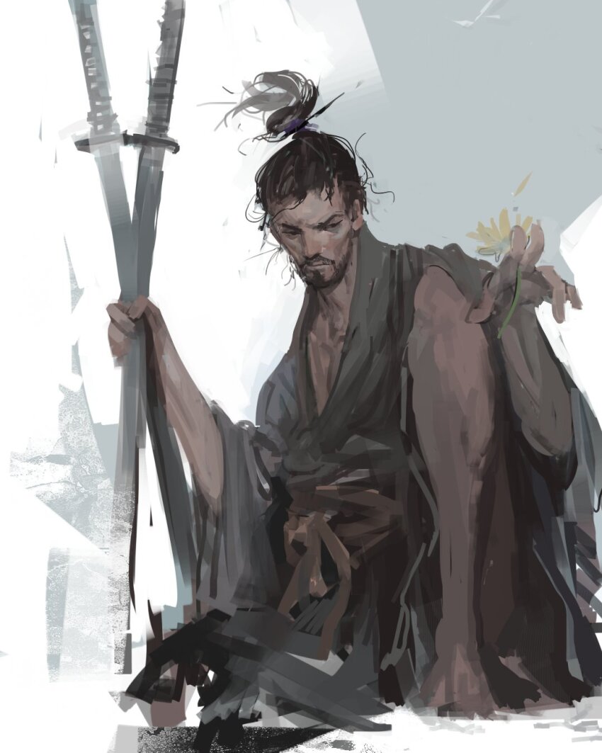 1boy beard black_hair closed_mouth facial_hair hashtag-only_commentary highres holding holding_sword holding_weapon japanese_clothes kanji_(nievart) kimono looking_to_the_side male_focus miyamoto_musashi_(vagabond) sash sitting solo sword vagabond weapon wide_sleeves