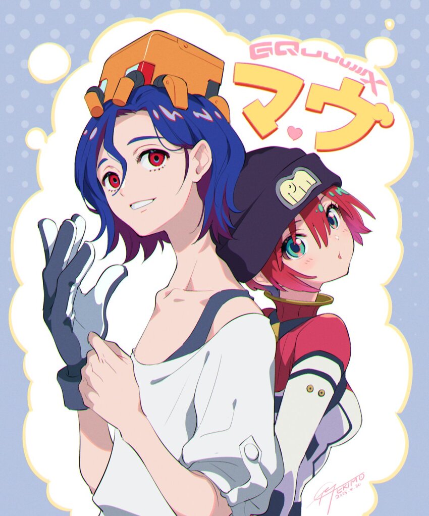 1boy 1girl amate_yuzuriha aqua_eyes back-to-back beanie black_hat blue_hair colored_inner_hair commentary_request copyright_name dated gloves gundam gundam_gquuuuuux hat heart highres looking_at_viewer lower_eyelashes_only mecha_pilot_suit multicolored_hair nishimura_eri non-humanoid_robot purple_hair red_eyes red_hair robot shirt short_hair shuji_ito single_glove smile two-tone_hair upper_body white_shirt