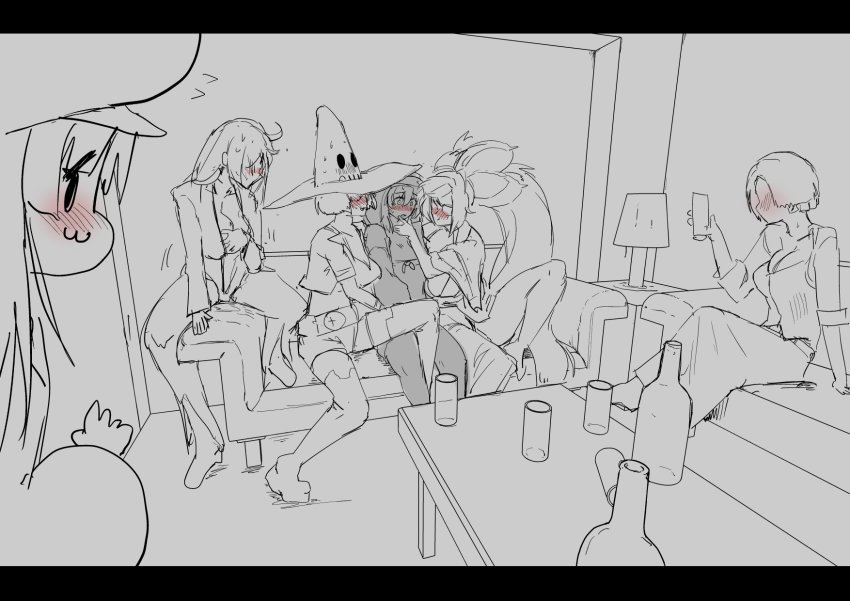 1boy 5girls baiken blush bridget_(guilty_gear) couch drinking drunk giovanna_(guilty_gear) guilty_gear hat highres i-no jack-o&#039;_valentine may_(guilty_gear) multiple_girls sashizume_soutarou table trap witch_hat