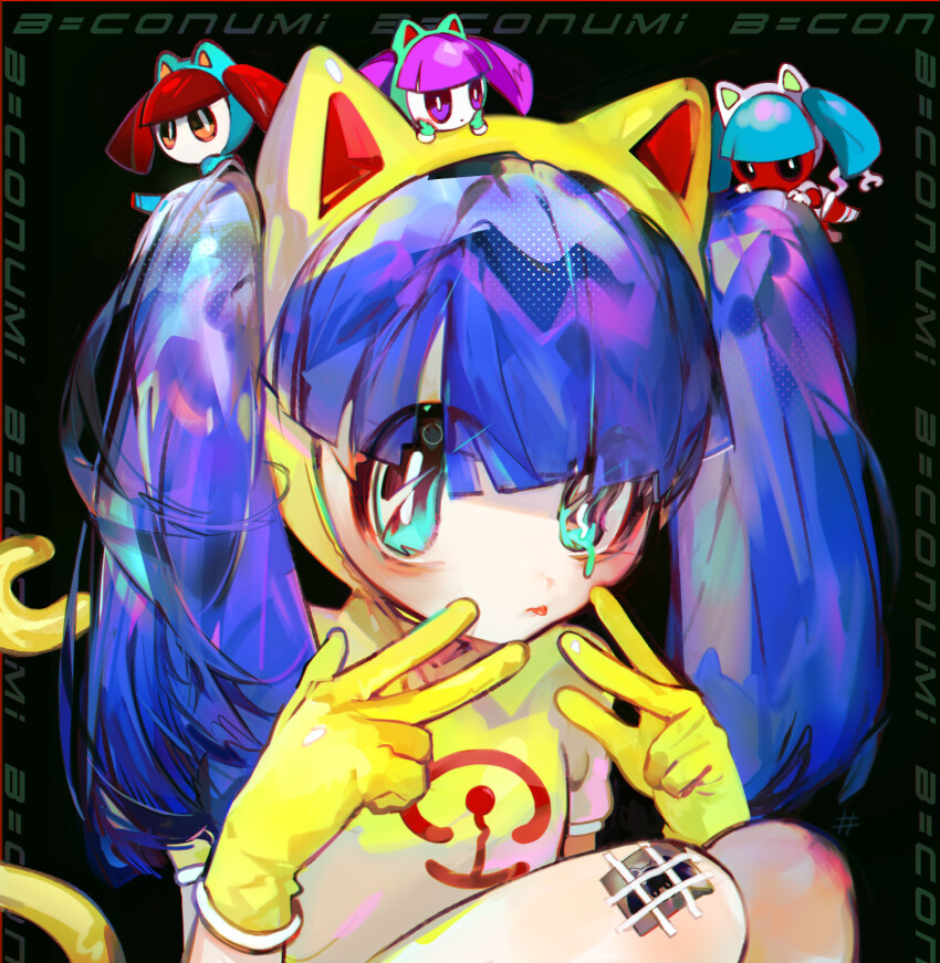 4girls animal_ears animal_hood b=conumi_(leper_kamilah) best_happiness black_background blue_eyes blue_hair blunt_bangs borrowed_character cat_ears cat_hood character_name closed_mouth colored_skin gloves hands_up highres hood hood_up knees_up long_hair looking_at_viewer melting_eyes mini_person minigirl multiple_girls original pink_hair red_hair red_skin shirt sitting tail tongue tongue_out twintails w yellow_gloves yellow_shirt