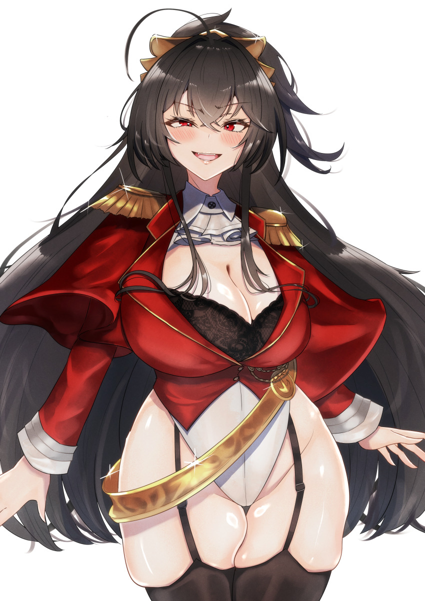 1girl absurdres animal_ears ascot azur_lane black_garter_straps black_hair black_thighhighs blush bra breasts cleavage cosplay crossed_bangs epaulettes fake_animal_ears fangs garter_straps highres huge_breasts lace lace-trimmed_bra lace_trim large_breasts lion_(azur_lane) lion_(azur_lane)_(cosplay) lion_ears long_hair looking_at_viewer military_uniform nonokuro_no96 open_mouth red_eyes simple_background skindentation solo taihou_(azur_lane) thighhighs underwear white_ascot white_background
