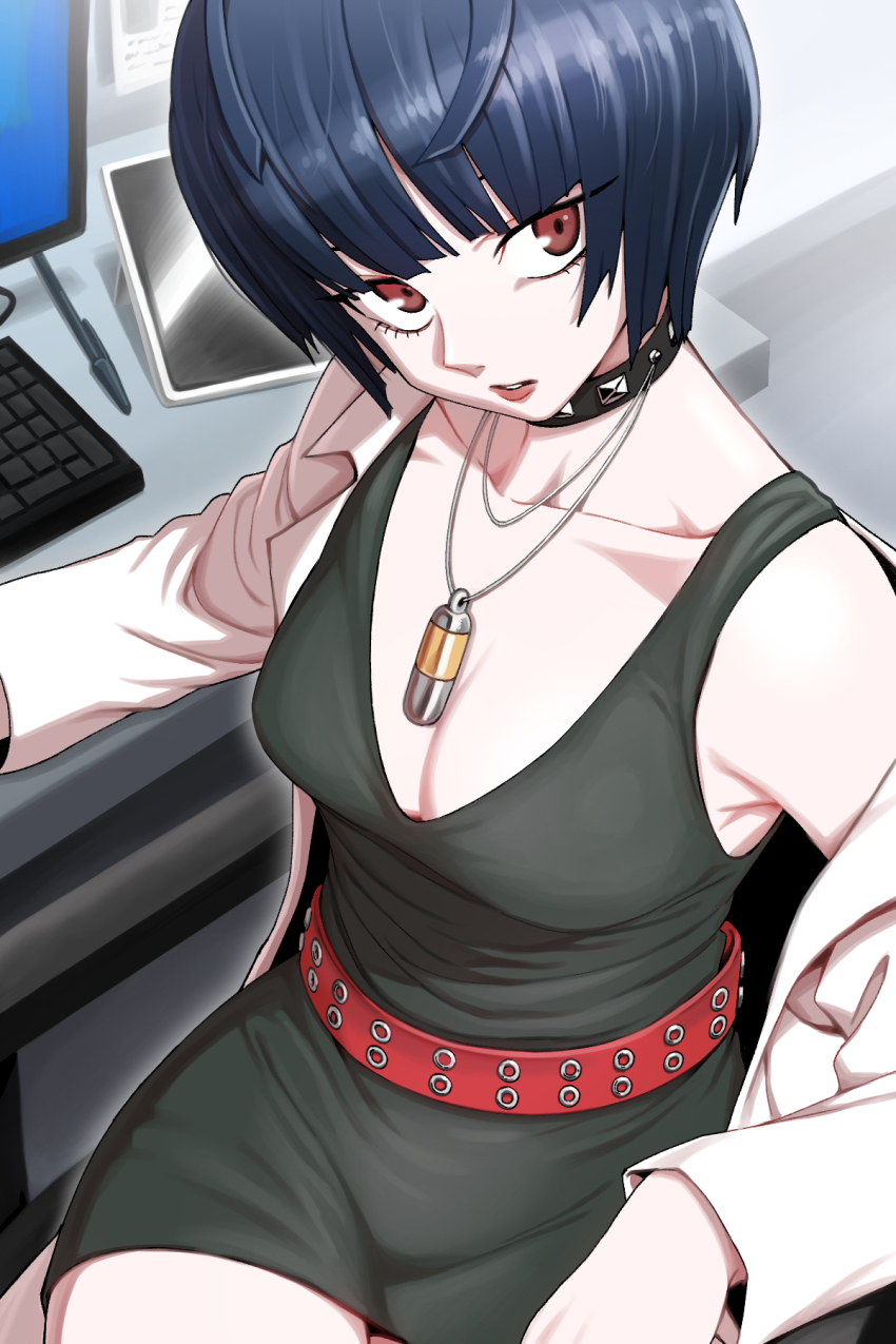 1girl bare_shoulders belt black_choker black_dress blue_hair blunt_bangs breasts brown_eyes choker cleavage coat collarbone cowboy_shot desk dress elbow_rest from_above highres indoors jewelry lab_coat lips long_sleeves looking_at_viewer medium_breasts necklace nutkingcall parted_lips persona persona_5 red_belt short_dress short_hair sitting solo studded_choker takemi_tae tight_clothes tight_dress white_coat