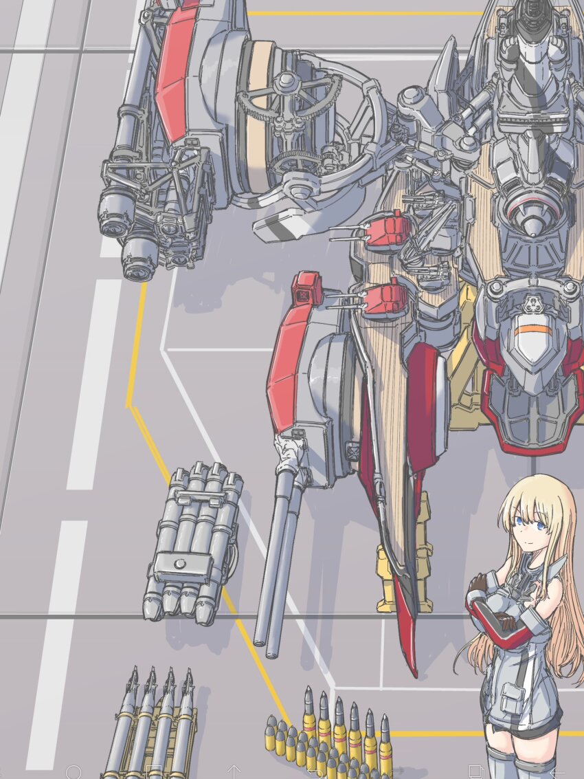 1girl anchor_choker bismarck_(kancolle) blonde_hair blue_eyes cannon cowboy_shot crossed_arms elbow_gloves gloves grey_thighhighs hachidori_(ippatsuya) highres kantai_collection knolling long_hair looking_at_viewer machinery military_uniform multicolored_gloves sleeveless solo standing tank_shell thighhighs