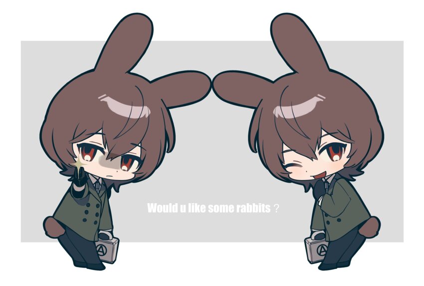 2boys akechi_gorou ameinu animal_ears brown_hair character_name chibi chibi_only collared_shirt english_text gloves hair_between_eyes highres jacket long_sleeves looking_at_viewer male_focus multiple_boys multiple_views necktie one_eye_closed open_mouth pants persona persona_5 rabbit_boy rabbit_ears red_eyes shirt short_hair smile tail white_shirt