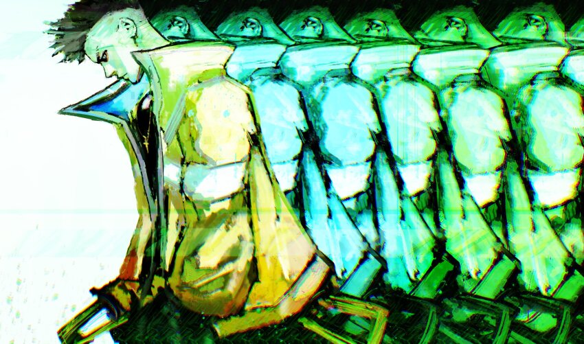 1boy afterimage cyberpunk_(series) cyberpunk_edgerunners david_martinez highres jacket kyezzzz male_focus mohawk motion_lines open_clothes open_jacket sandevistan solo speed_lines yellow_jacket