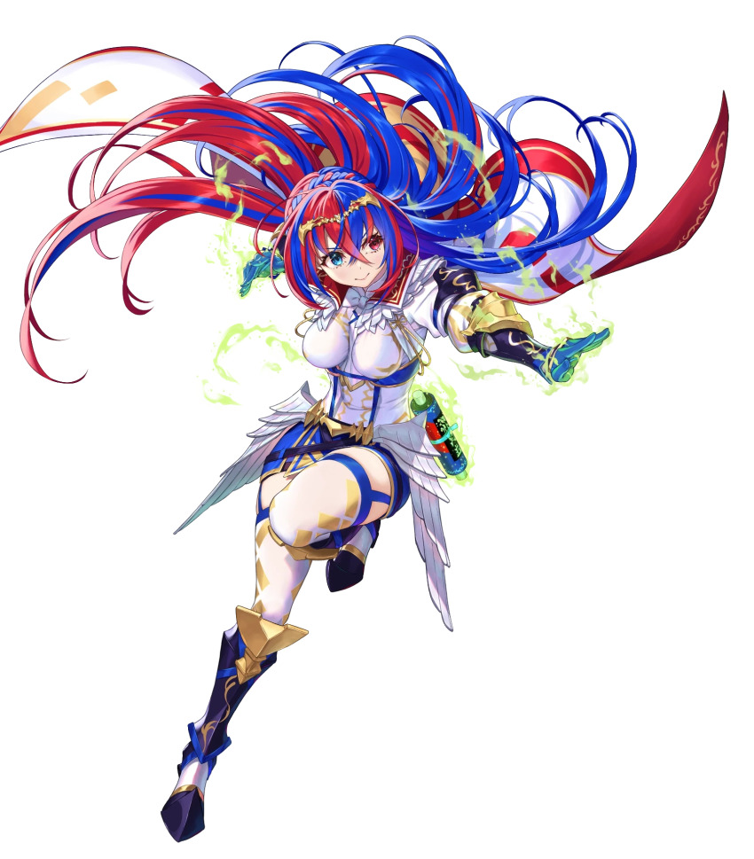1girl armor armored_boots blue_eyes blue_hair boots braid breasts cape closed_mouth energy female_alear_(awoken_divinity)_(fire_emblem) female_alear_(fire_emblem) female_focus fire_emblem fire_emblem_engage fire_emblem_heroes full_body gauntlets gloves glowing gold_trim heterochromia highres jewelry knee_boots kousei_horiguchi leg_up lips long_hair long_sleeves matching_hair/eyes medium_breasts miniskirt multicolored_hair nintendo non-web_source official_art pale_skin pelvic_curtain puffy_sleeves red_eyes red_hair scroll skirt smile solo thighhighs tiara transparent_background zettai_ryouiki