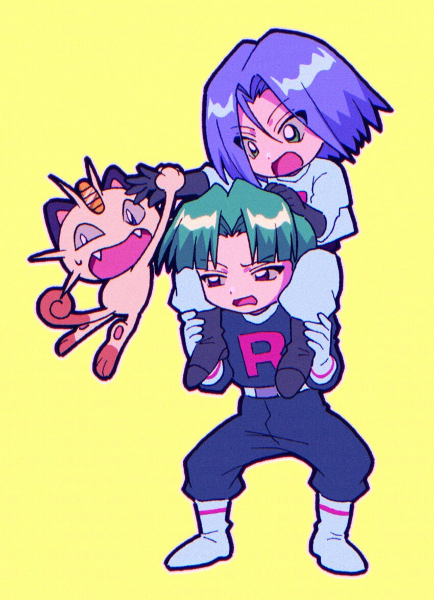 2boys blue_hair boots brown_eyes butch_(pokemon) chibi gen_1_pokemon gloves green_eyes green_hair highres james_(pokemon) macchiromomomo meowth multiple_boys nintendo open_mouth pokemon pokemon_(anime) pokemon_(classic_anime) pokemon_(creature) team_rocket team_rocket_uniform worried yellow_background