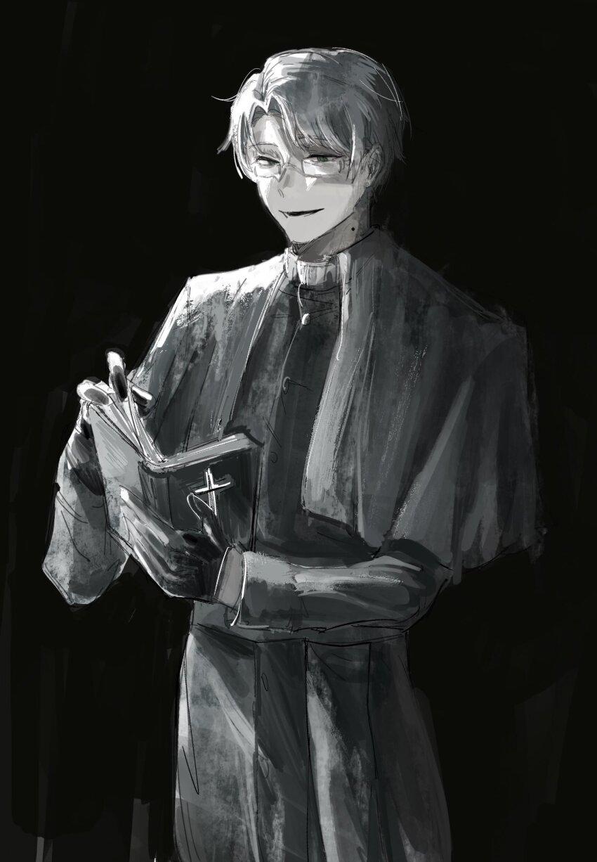 1boy black_eyes black_gloves black_hair book cassock clerical_collar cross curtained_hair glasses gloves grey_hair greyscale highres holding holding_book looking_at_viewer male_focus monochrome opening_book original priest smile solo turning_page wuruko