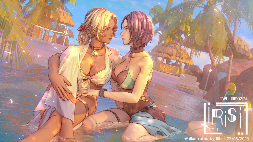 2girls absurdres beach bikini black_one-piece_swimsuit blonde_hair blue_nails bracelet breasts catherine_(fire_emblem) catherine_(summer)_(fire_emblem) cleavage crossed_legs dark-skinned_female dark_skin eye_contact fire_emblem fire_emblem:_three_houses fire_emblem_heroes green_nails highres hut irisl jewelry large_breasts looking_at_another multiple_girls nail_polish nintendo official_alternate_costume one-piece_swimsuit palm_tree partially_submerged ponytail shamir_nevrand shamir_nevrand_(summer) short_hair short_ponytail swimsuit tree water white_bikini yuri