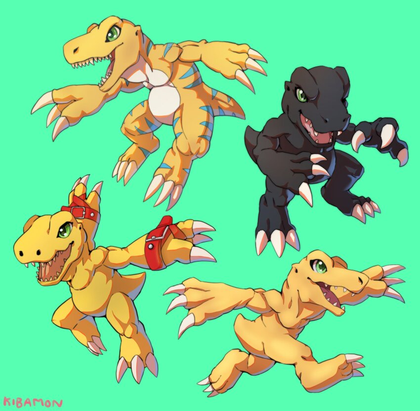 agumon agumon_(black) agumon_(digimon_savers) agumon_x-antibody belt digimon digimon_(creature) green_eyes highres sharp_teeth tail teeth