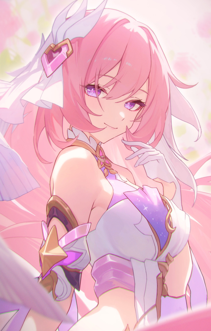 1girl absurdres bare_shoulders diamond-shaped_pupils diamond_(shape) elf elysia_(herrscher_of_human:_ego)_(honkai_impact) elysia_(honkai_impact) gloves hair_between_eyes hair_ornament highres honkai_(series) honkai_impact_3rd long_hair looking_at_viewer pink_hair pointy_ears purple_eyes shali smile solo symbol-shaped_pupils upper_body veil white_gloves white_veil
