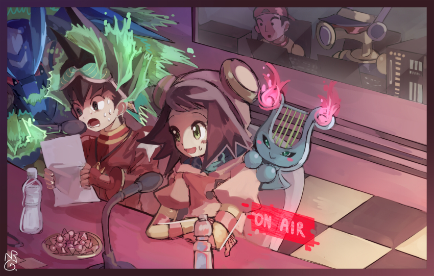 1girl 2boys 2girls arms_on_table blush border bottle brown_hair capcom child crossed_arms framed green_eyes hand_on_head highres hood hoodie hoshikawa_subaru ichirugi lyra_(mega_man) mega_man_(series) mega_man_star_force_(series) microphone multiple_boys multiple_girls musical_note omega-xis_(mega_man) open_mouth paper purple_hair short_hair signature smile sonia_strumm_(mega_man) spiked_hair sweat sweatdrop text_focus