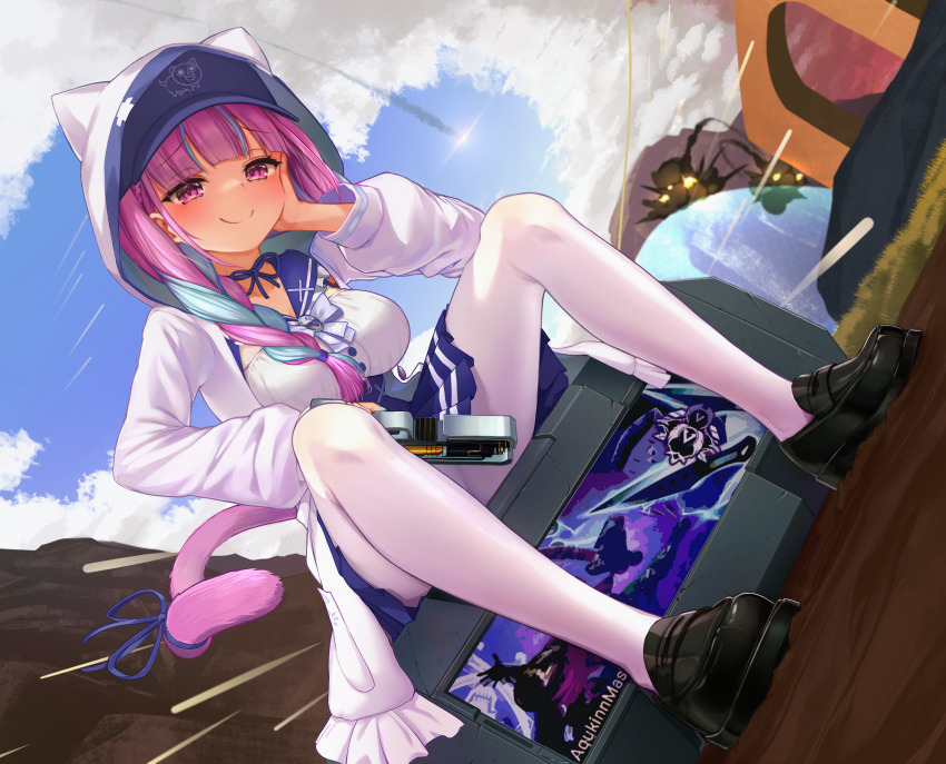 1girl apex_legends b3_wingman black_footwear blue_hair blue_ribbon blue_skirt box braid breasts cat_girl cat_tail cloud contrail energy_barrier energy_shield explosion gun hand_on_own_cheek hand_on_own_face head_tilt highres holding holding_gun holding_weapon hololive hood hood_up hooded_jacket in-universe_location jacket kings_canyon long_hair medium_breasts minato_aqua minato_aqua_(sailor) multicolored_hair neck_ribbon on_box pantyhose purple_eyes purple_hair ribbon side_braid sitting sitting_on_box skirt sky smile smug solo streaked_hair tail virtual_youtuber voidwalker_wraith weapon white_jacket white_pantyhose wraith_(apex_legends) wuming_xia