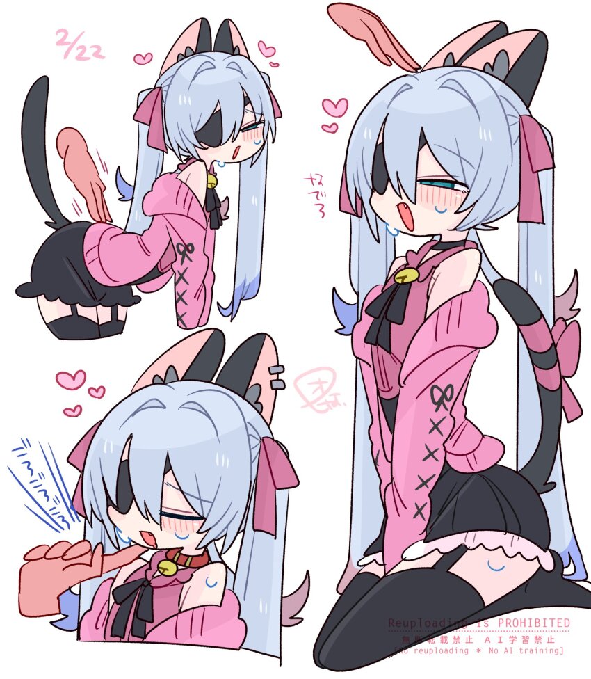1boy animal_ears blue_eyes blush cat_boy cat_ears cat_tail collar commentary_request crossdressing dress eyepatch frilled_dress frills heart highres jacket long_hair male_focus multiple_views narrowed_eyes op_na_yarou open_clothes open_jacket open_mouth original pet sweat tail trap twintails white_background white_hair
